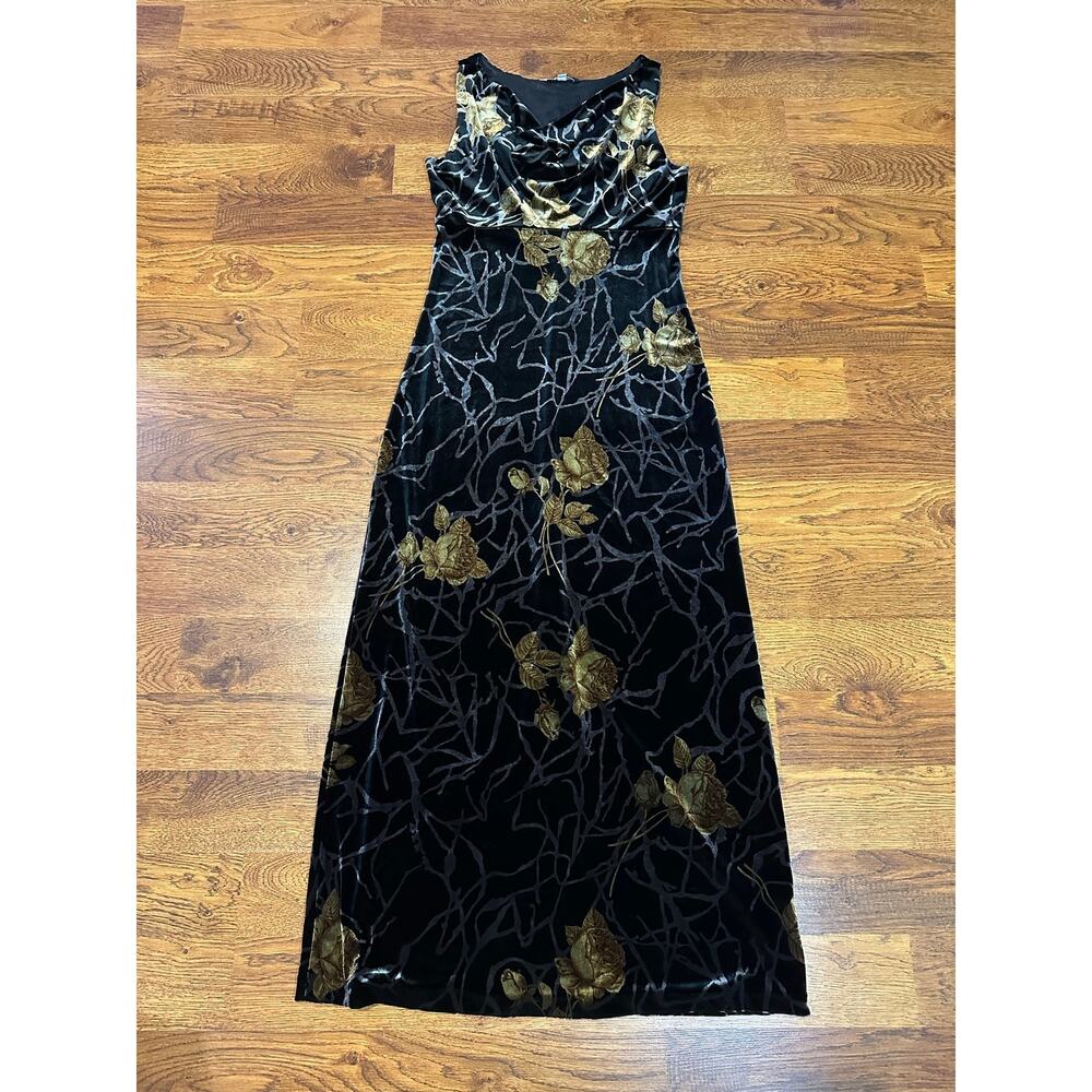 Vintage Studio JRP Velvet Maxi Dress Black Metallic Floral Size Small Whimsygoth